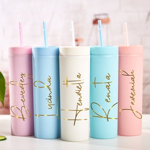 Personalized Tumbler with Straw, Bridesmaid Proposal Tumbler, 16oz Acrylic Skinny Tumbler, Bridesmaids Gift,Girls Trip Tumbler,Wedding Party