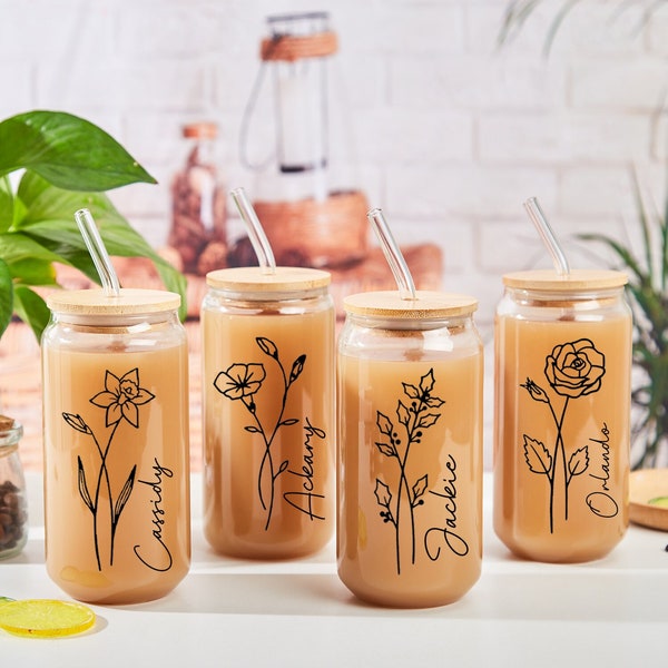 Personalized Glass Tumbler Bridesmaid Iced Coffee Cup with Name,Birth Month Coffee Glass for Her,Back to School Gift,Bachelorette Party Gift