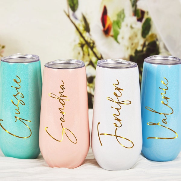 Personalisierte Champagner Becher Edelstahl Weinglas für Brautjungfer Glitter Champagner Flöten mit Name Wein Becher Bachelorette Party Favor