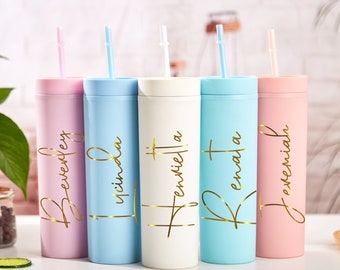 Personalized Tumbler with Straw, Bridesmaid Proposal Tumbler, 16oz Acrylic Skinny Tumbler, Bridesmaids Gift,Girls Trip Tumbler,Wedding Party