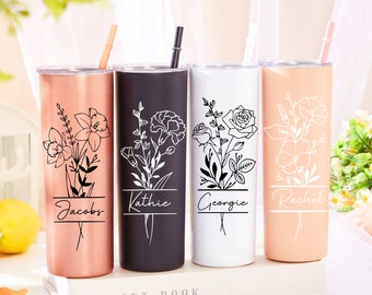 Bridesmaid Tumbler with Lid,Personalized Birth Flower Tumbler,Bridesmaid Proposal,Custom Name Tumbler,Gifts for Her, Wedding Party Favor