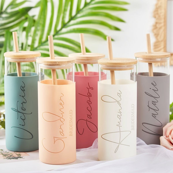 Personalized Tumbler with Straw, Custom Glass Tumbler, Bridesmaid Tumbler, Birth Month Flower Tumbler, Engraved Iced Coffee Cup,Gift for Her
