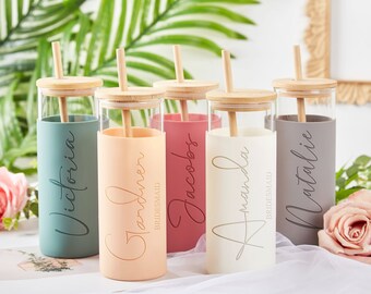 Personalized Tumbler with Straw, Custom Glass Tumbler, Bridesmaid Tumbler, Birth Month Flower Tumbler, Engraved Iced Coffee Cup,Gift for Her