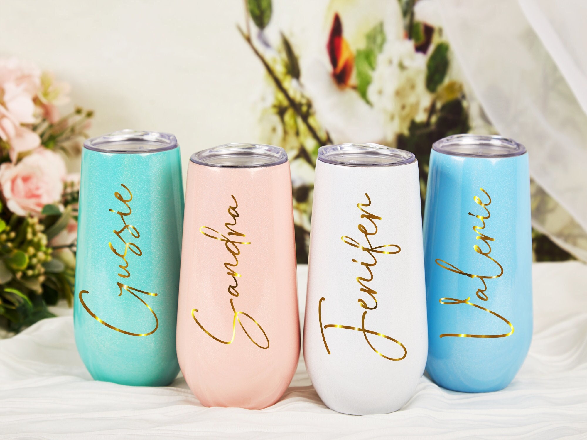 Personalized Champagne Tumbler Stainless Wine Glass for Bridesmaid Glitter Champagne  Flutes With Name Wine Tumbler Bachelorette Party Favor 