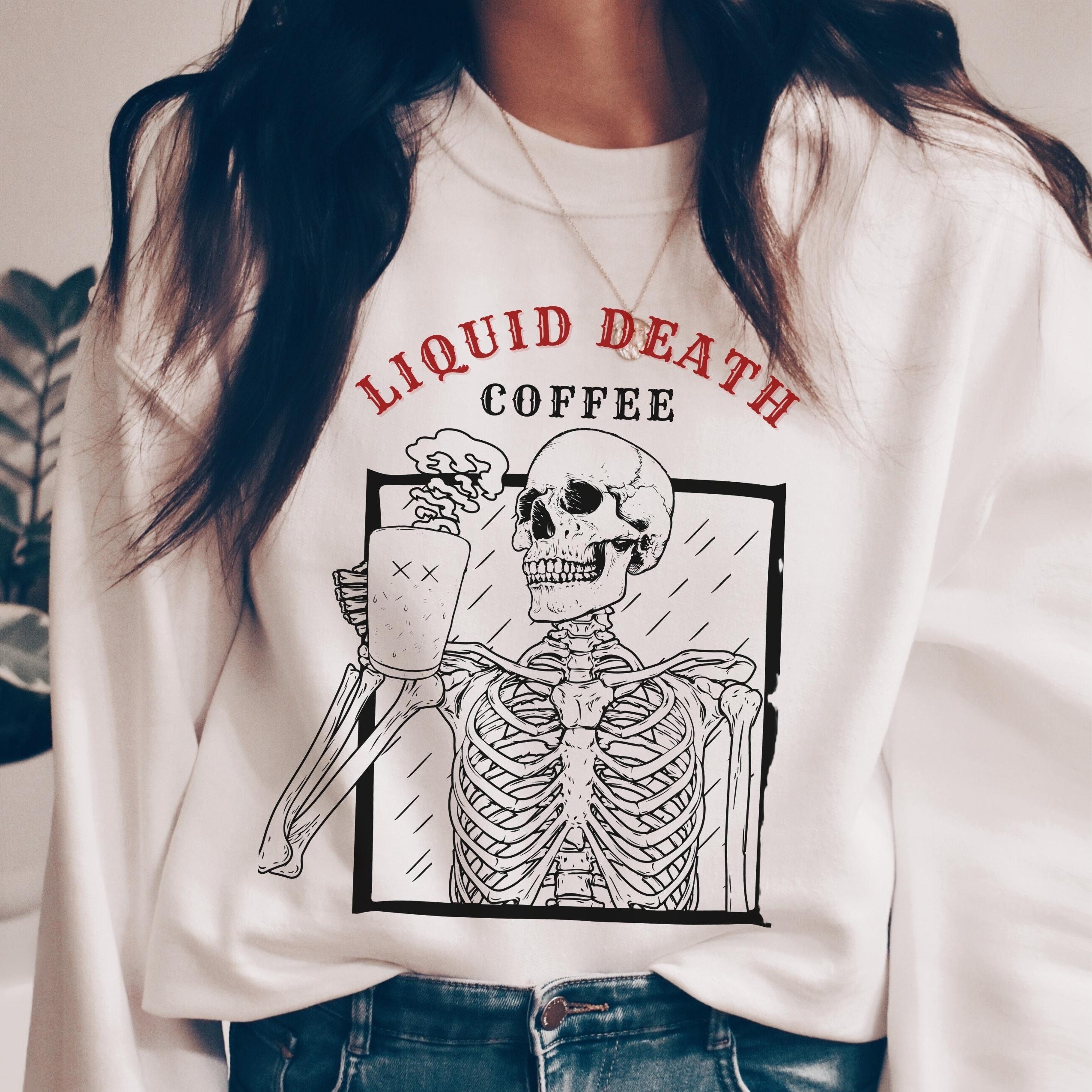 Discover Halloween Skeleton Sweatshirt, Skeleton Drinking Hot Coffee Sweatshirt, Halloween Skeleton Hoodie, Halloween Skull Coffee Shirt