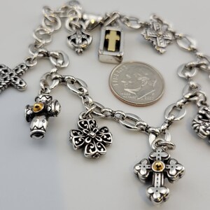 Brighton Charm Bracelet, Variety of Cross Shapes and Styles, Silver Tone with Few Gold Tone Accents, Adjustable Length 7 to 8-Inches