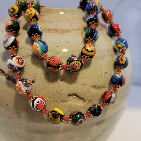 Art Glass Bead Necklace, Multiple Colors, Millefiori-Style Hand Knotted between Each Bead with Red Cord/Silk, Screw Clasp