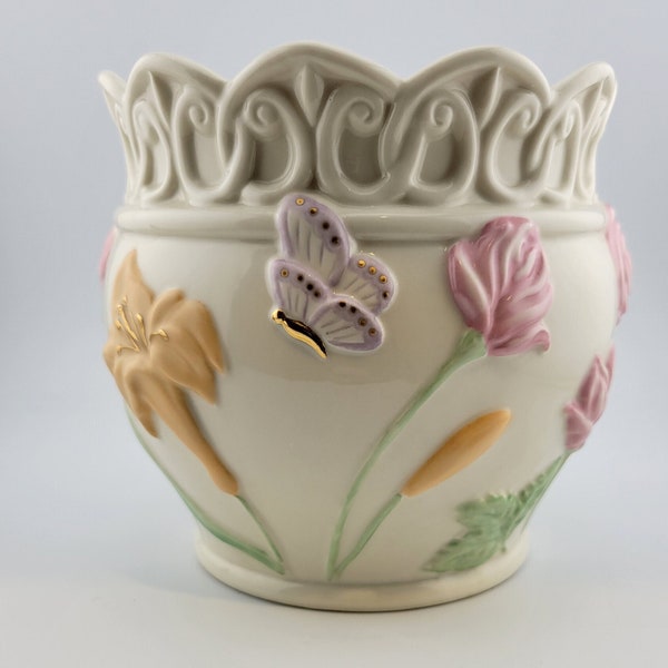 Rare Lenox Vase, Mother’s Day Gift, 5-Inches Tall, Flowers, Foliage, Butterflies in Colorful Raised Relief, Scalloped Edge, Scroll Design