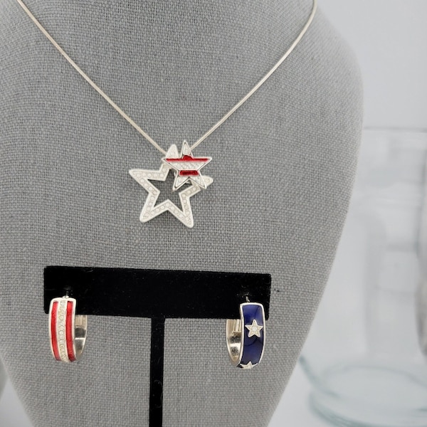 Tommy Hilfiger Red White and Blue Necklace and Earrings, 2 Star Charms on Necklace, Designer Coordinated Earrings, Patriotic Holiday Jewelry