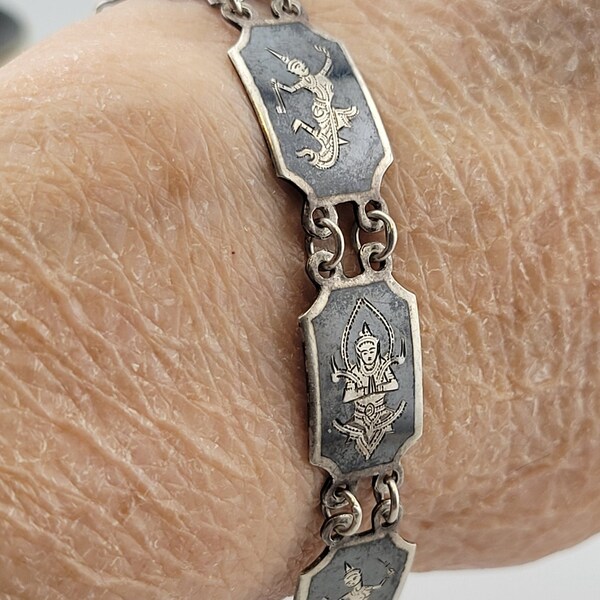 Siam Sterling Bracelet, 1930s/40s Old Siam Niello Design, Linked Panels with Thai Dancing Figures, Legacy Jewelry, Easy to Operate Clasp