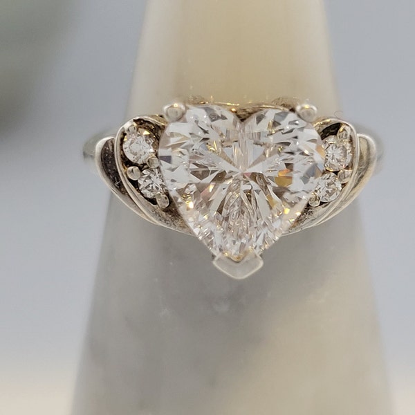 Vintage Diamonique CZ Heart Shape Sterling Ring, Center Solitaire with Two Accent CZs on each Side, Ring Size 5.5, Amazing Sparkle