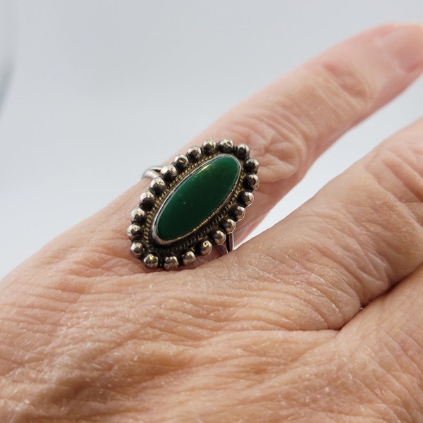 Vintage Sterling Mexico Ring, Marked 925 MEX and JL but other Markings Hard to Read, Smooth Dark Green Elongated Stone, Size 4 to 4.5