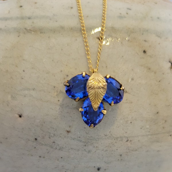 WRE 12K Gold-Filled Pendant, Vivid Blue Stones or Facsimile, Vintage, Designer W.E. Richards, Three Oval Faceted Stones with Leaf Accent