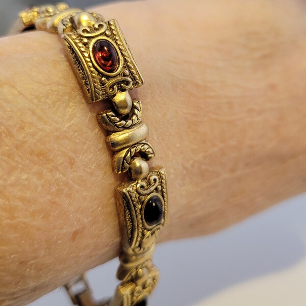 Link Bracelet in Gold Tone, Bezel-Set Cabochons in Reds and Orange, Byzantine Design with Scrollwork and Milgrain Accents, 7.5-Inches Long