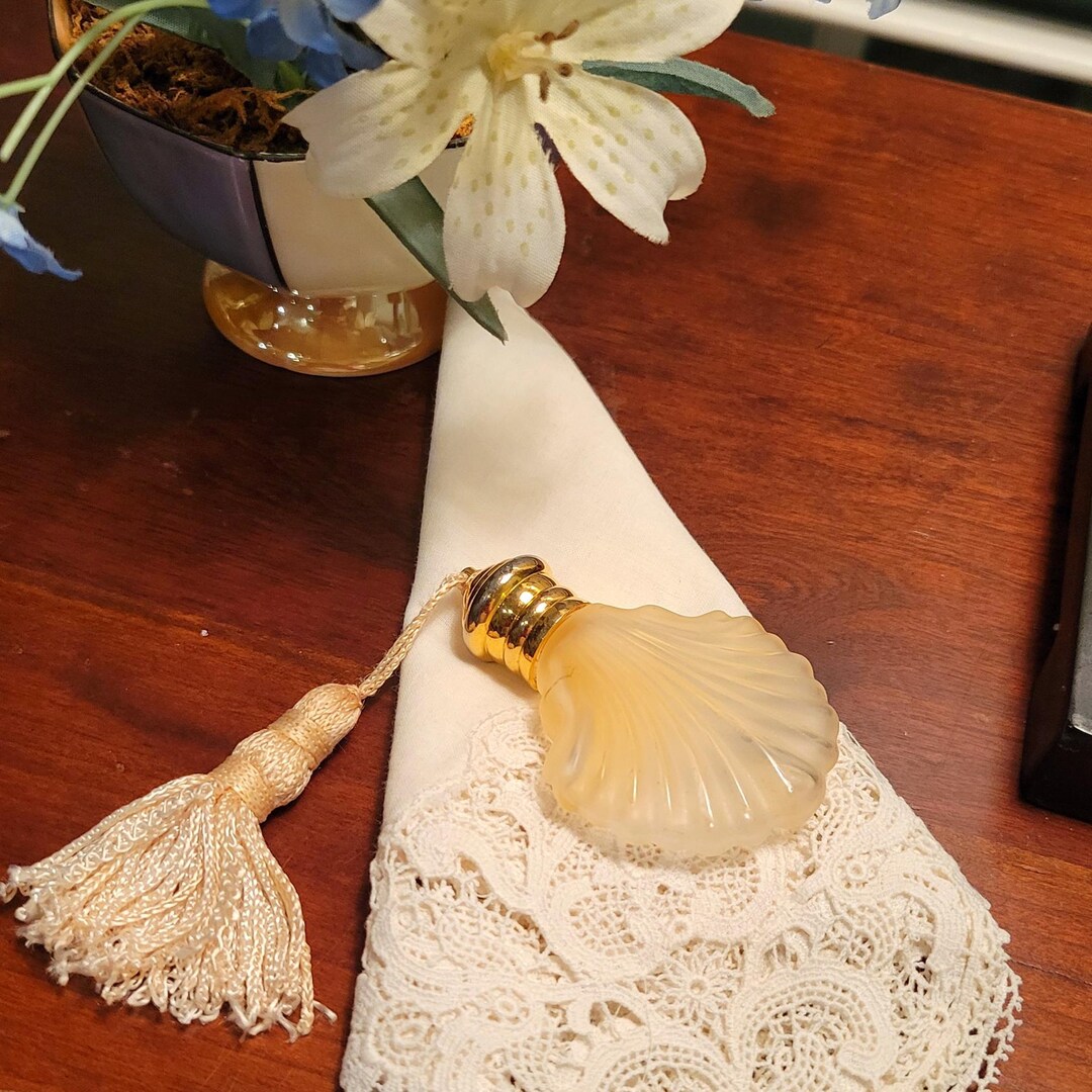 Vintage Frosted Flacon Shell Shape With Beige Tassel, White Linen ...