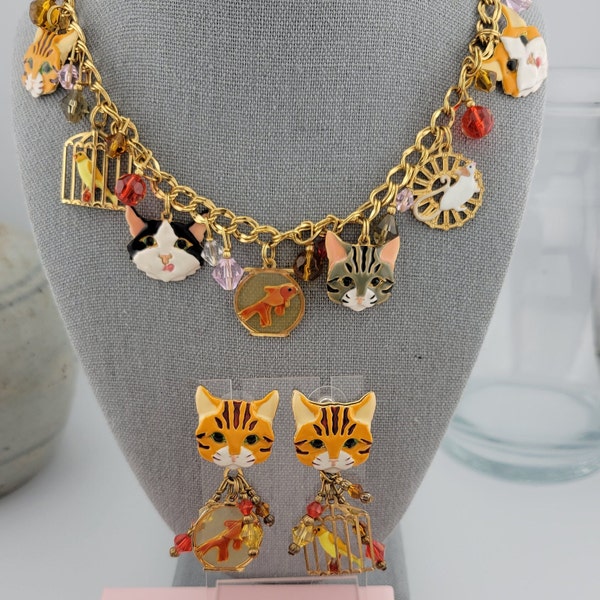Lunch at the Ritz Charm Necklace and Earrings, "A Cat's Life" Whimsical Set Has Variety of Cats and Cat Interests, Collector's Matching Set