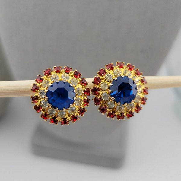 Red White and Blue Earrings, Brilliant Faceted Crystals in Round Clip-On Style for Everyone, Gold Tone, Patriotic Holiday Jewelry