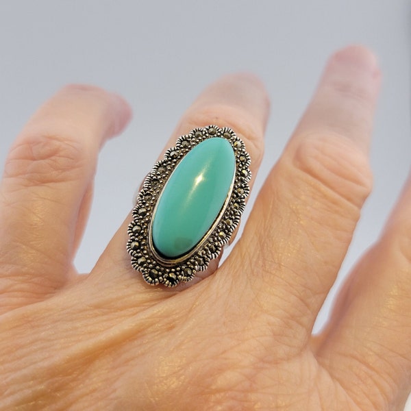 Vintage CFJ Sterling Silver Turquoise Marcasite Halo Ring Size 6.25 to 6.5, Collins Fine Jewelry Turquoise Ring, Southwest Style Ring