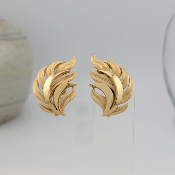 Crown Trifari Earrings, Leaf Design in Gold Tone … - image 1