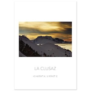 May include: A photograph of a snow-covered mountain range under a dramatic sunset sky. The image features the text "LA CLUSAZ" and coordinates 45.46954° N, 6.90945° E.