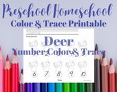 Homeschool Worksheet |  Preschool Color and Trace | Deer Silhouette Numbers 1-10