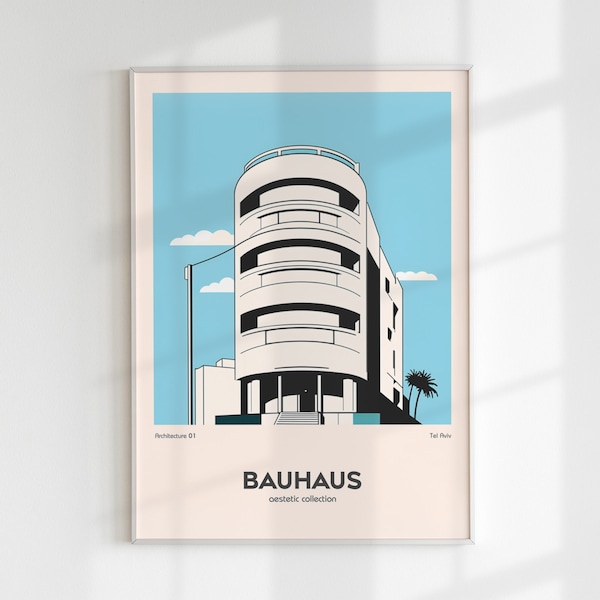 Tel Aviv Bauhaus Ästhetisches Poster Gedrucktes Poster, Israel, Moderne Wandkunst, AI Generierte Kunst, Art Decor, Interior Decor