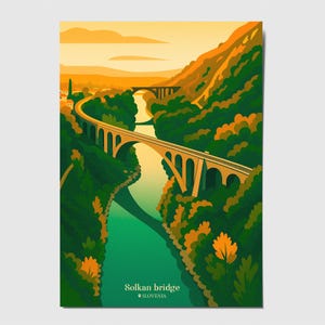 Impression d'art du pont Solkan en Slovénie - carte postale vintage de style affiche de voyage - illustration de paysage pittoresque - carte de voeux monument européen