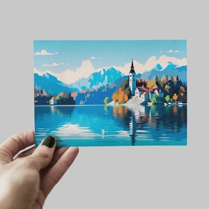Carte postale de voyage à Bled, carte postale bleue de Bled, carte postale de Bled, Slovénie, Bled Art, carte postale de voyage, carte postale vibrante, carte postale du lac de Bled