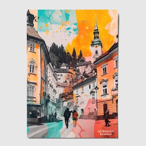 Carte postale collage Ljubljana, art de Ljubljana, carte postale de voyage, carte postale vibrante, carte postale de voyage Ljubljana, impression Ljubljana vibrante