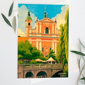 Ljubljana Ansichtkaart Vintage styling reisafdruk Slovenië lokaal gemaakt Cadeau voor reizigers