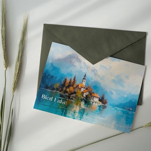 Carte postale de voyage sur le lac de Bled, Carte postale de Bled, Carte postale de Bled Slovénie, Bled Art, Carte postale de voyage, Carte postale animée, Carte postale touristique