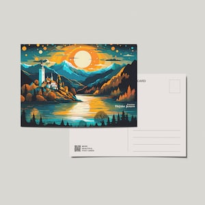 Carte postale de voyage à Bled, carte postale bleue de Bled, carte postale de Bled, Slovénie, Bled Art, carte postale de voyage, carte postale vibrante, carte postale du lac de Bled