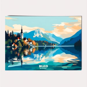 Slowenische Postkarte für ein Geschenk oder Andenken von Bleder See in den Alpen