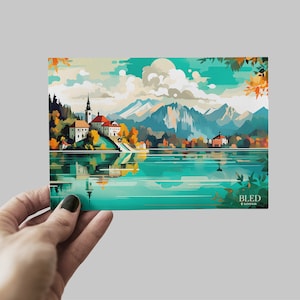 Carte postale de voyage à Bled, Carte postale de Bled, Carte postale de Bled, Slovénie, Bled Art, Carte postale de voyage, Carte postale vibrante, Carte graphique plate