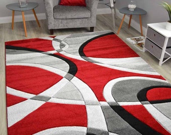 Hand Carved High Quality Red Black Swirls Area Rugs Modern Silver Grey Cream Luxurious Living Room Thick Soft Floor Mats