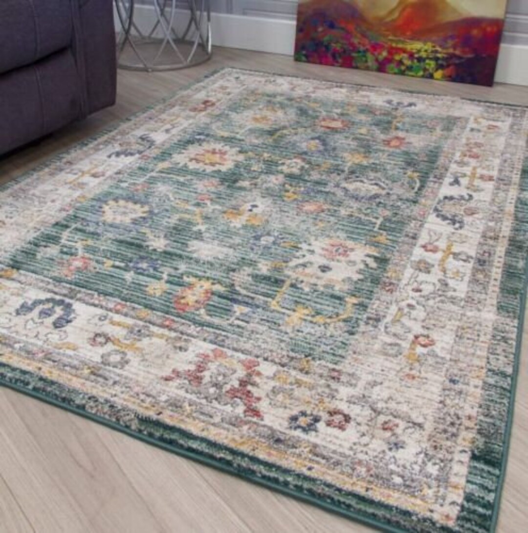 Green Vintage Rugs Distressed High End Modern Rug Faded Multi Coloured