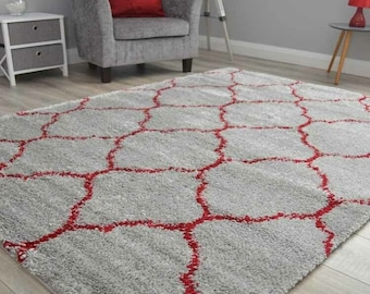 Shaggy Hall Runner Bedroom Lounge Grey And Red Teddy Soft Small X Large Rugs Floor Mats Carpet