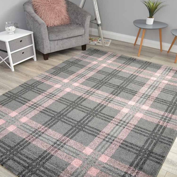 Blush Pink Grey Tartan Good Quality Floor Carpet Bedroom Living Room Rugs Mats Long Hall Runners UK