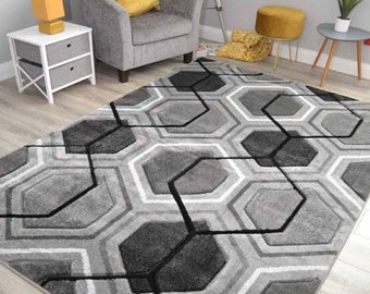 Silver Grey Hexagon Area Rugs Hand Carved High Quality Luxurious Living Room Modern Soft Thick Charcoal Cream Floor Decor