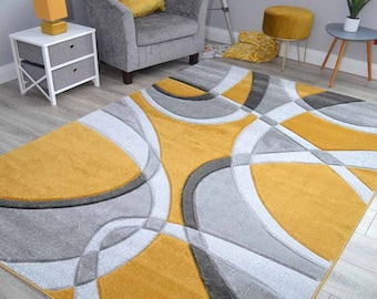 Modern High Quality Gold Ochre Area Rugs Mustard Silver Grey Cream Hand Carved Swirls Luxurious Living Room Thick Soft Floor Mats