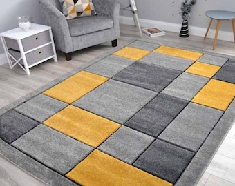 Modern Hand Carved Gold Ochre Blocks Area Rugs Luxurious Charcoal Silver Grey Cream High Quality Squares Living Room Soft Thick Floor Decor