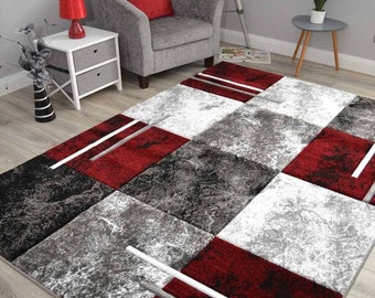 Modern High Quality Red Black Marble Effect Area Rugs Silver Grey Cream Hand Carved Luxurious Living Room Thick Soft Floor Mats