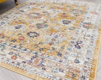 Ochre Mustard Vintage Rugs Distressed High End Modern Rug Faded Multi Coloured Border Living Room Bedroom Mat