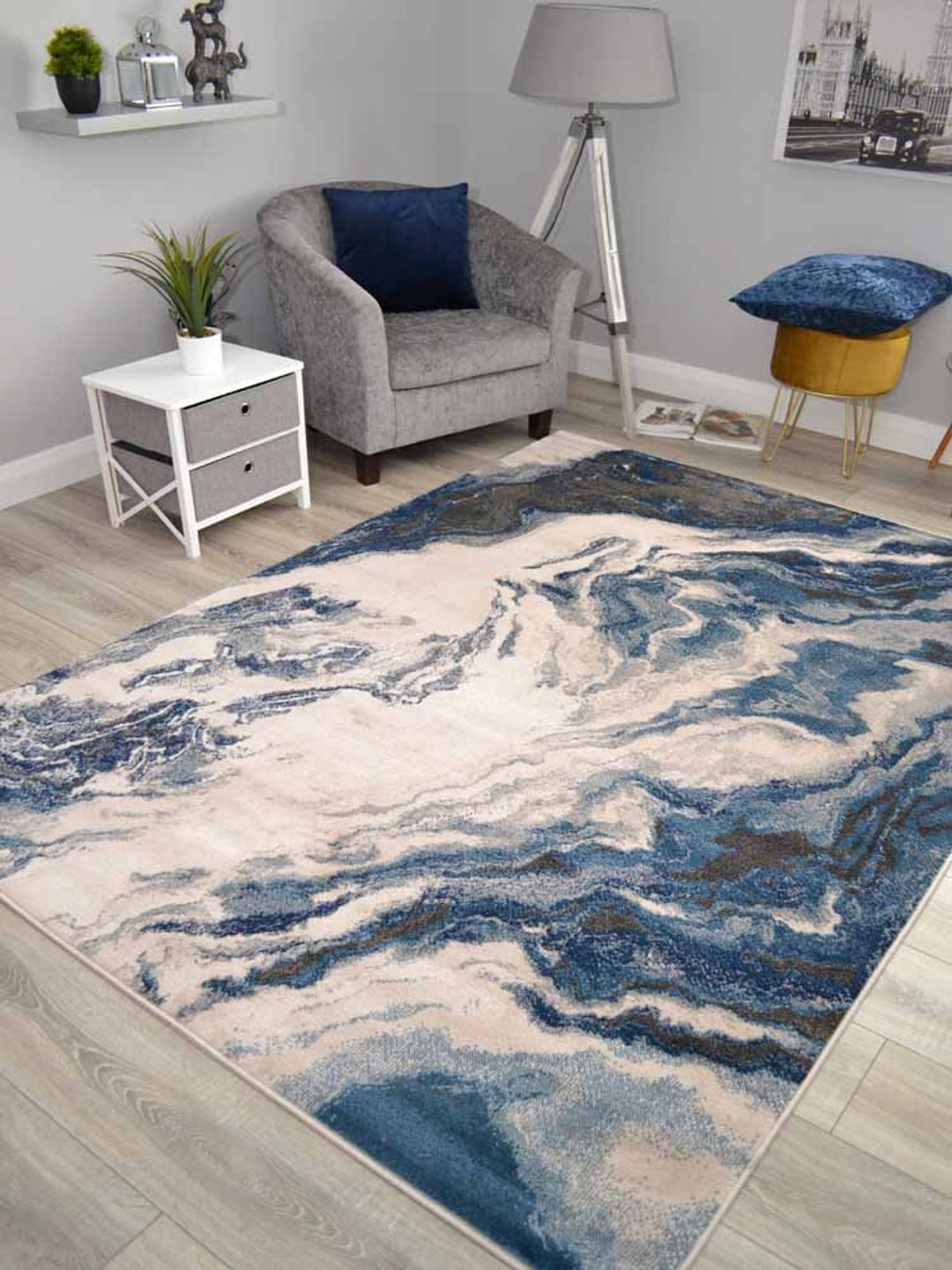 Dark Navy Blue Rugs Marble Look Small Extra Large Easy Clean Soft Floor