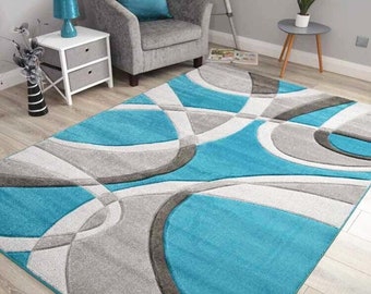 Teal Area Rugs Modern Swirls Silver Grey Cream High Quality Living Room Thick Hand Carved Soft Luxurious Floor  Mats