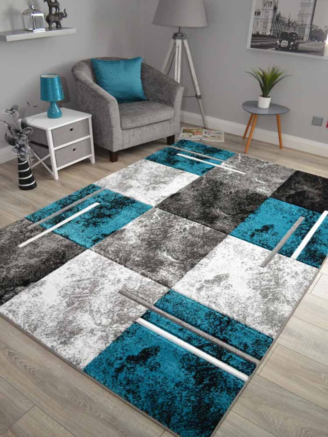 Teal Blue Marble Effect Area Rugs Silver Grey Cream Modern Hand Carved