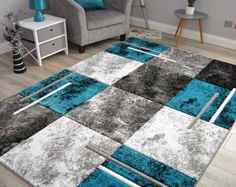 Teal Blue Marble Effect Area Rugs Silver Grey Cream Modern Hand Carved Luxurious Living Room High Quality Thick Soft Floor Mats