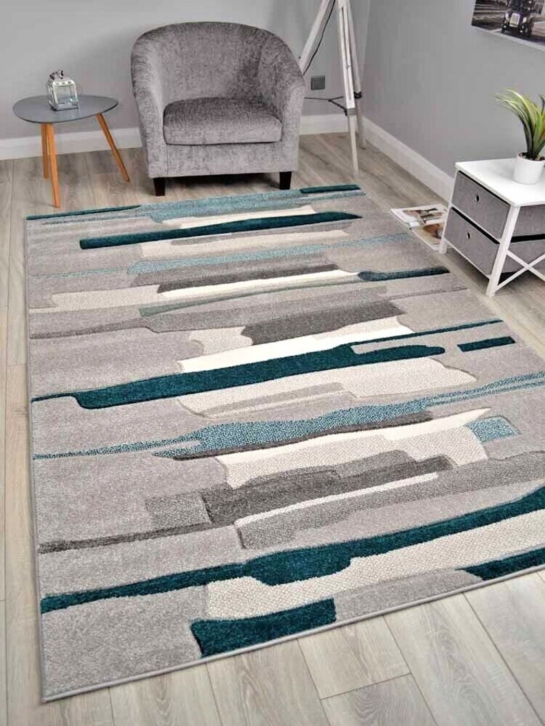 Modern Designer Green Grey Silver Floor Carpet Rugs Small Extra Large Sizes Thick Soft Pile Mat image 1