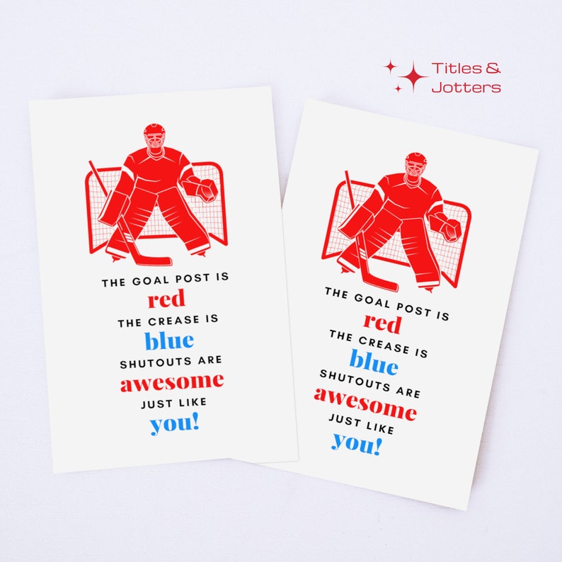 Image is a set of 3x5 hockey valentines day cards. The graphics are hockey related and in blue and red. The text has a hockey themed greeting and the text is also in blue and red. By Titles and Jotters