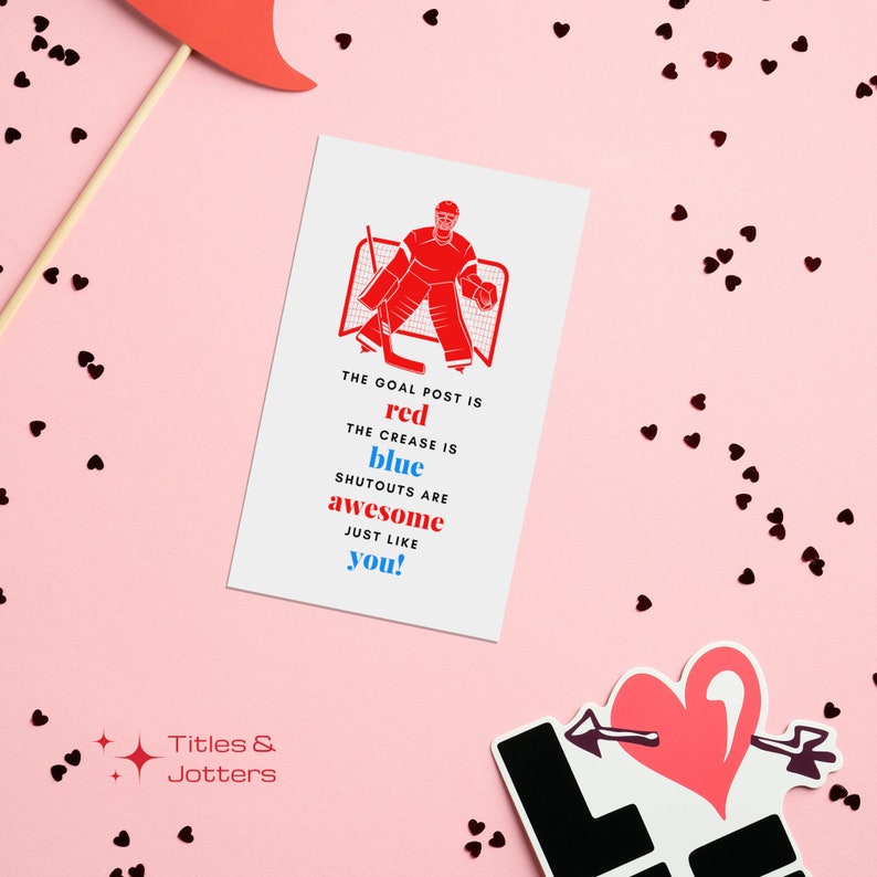 Image is a set of 3x5 hockey valentines day cards. The graphics are hockey related and in blue and red. The text has a hockey themed greeting and the text is also in blue and red. By Titles and Jotters